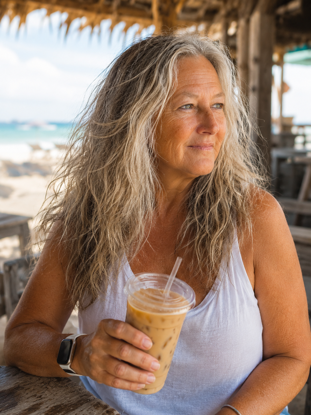 Kris Padier at a beachside bar holding an iced coffee